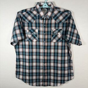 Ely Cattleman Shirt Mens 2XLT Tall Blue Pearl Snap Western Cowboy Sawtooth Plaid